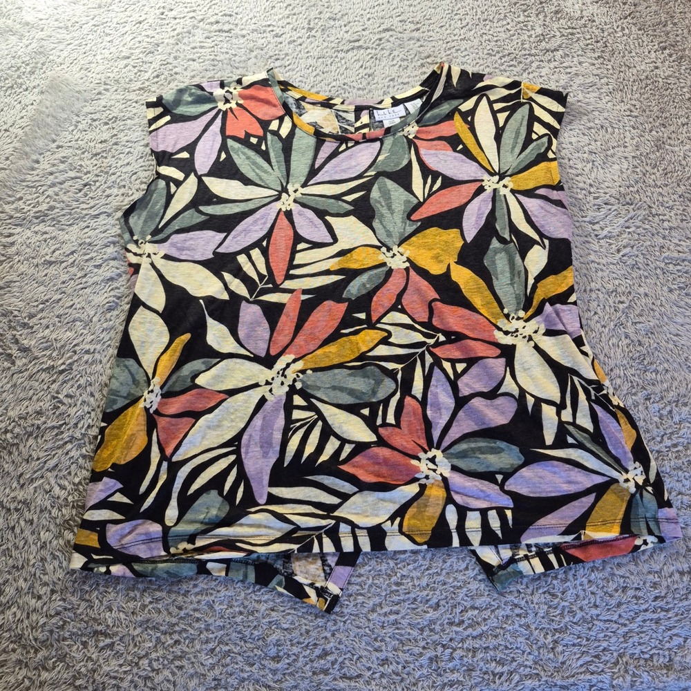 Nicole Miller New York Womens XL Linen Floral Button Back Top Tropical Summer